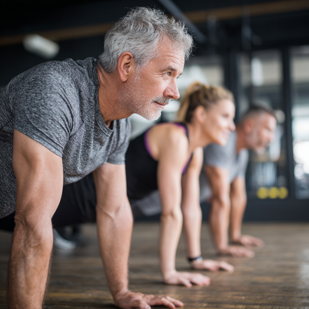 Middle-aged adults exercising with proper form and stability focus