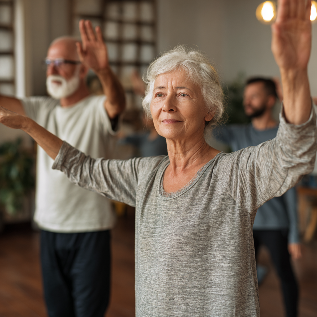 Older adults performing balanced strength exercises in calm environment